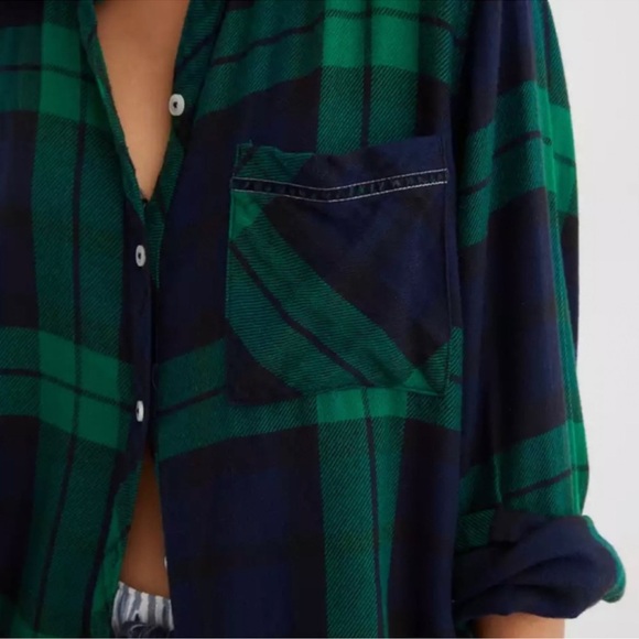 AERIE | Green Blue Plaid Flannel Boyfriend Button Top & Jogger set | Sz Medium - Picture 2 of 10
